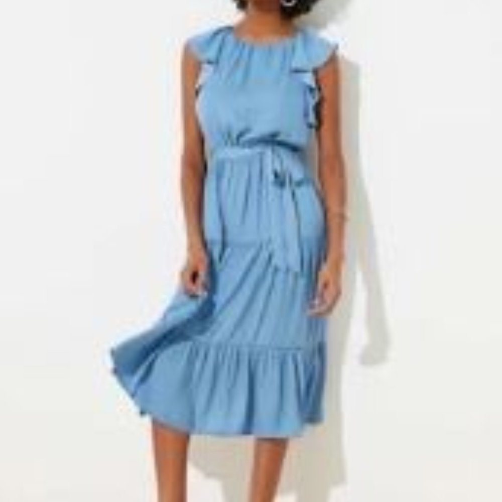 LOFT Cornflower Blue Tiered Ruffle Flutter Midi Dress - Medium